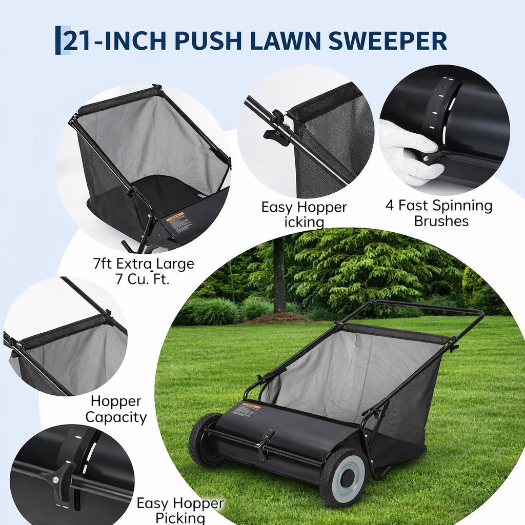 Garvee 21" Push Lawn Sweeper with 4-Brush System, Heavy Duty Steel Yard Leaf Collector, Adjustable Height, 3.5 Cu Ft Bag, Manual Grass & Lawn Cleaner Black