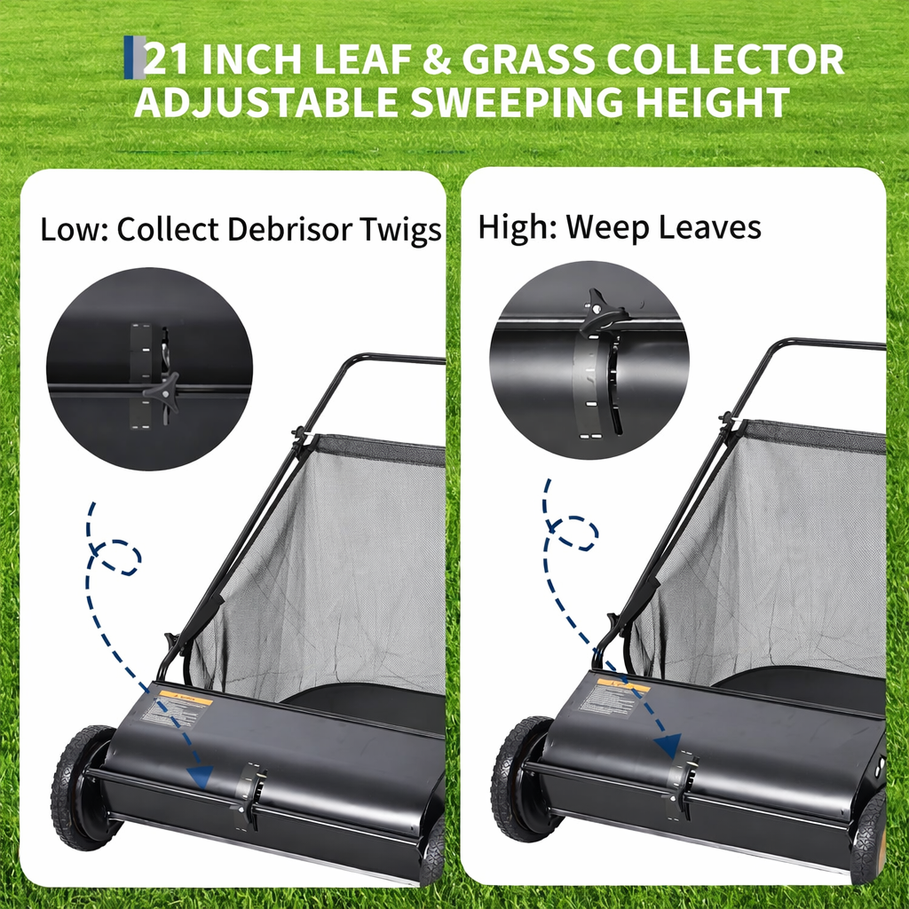 Garvee 21" Push Lawn Sweeper with 4-Brush System, Heavy Duty Steel Yard Leaf Collector, Adjustable Height, 3.5 Cu Ft Bag, Manual Grass & Lawn Cleaner Black