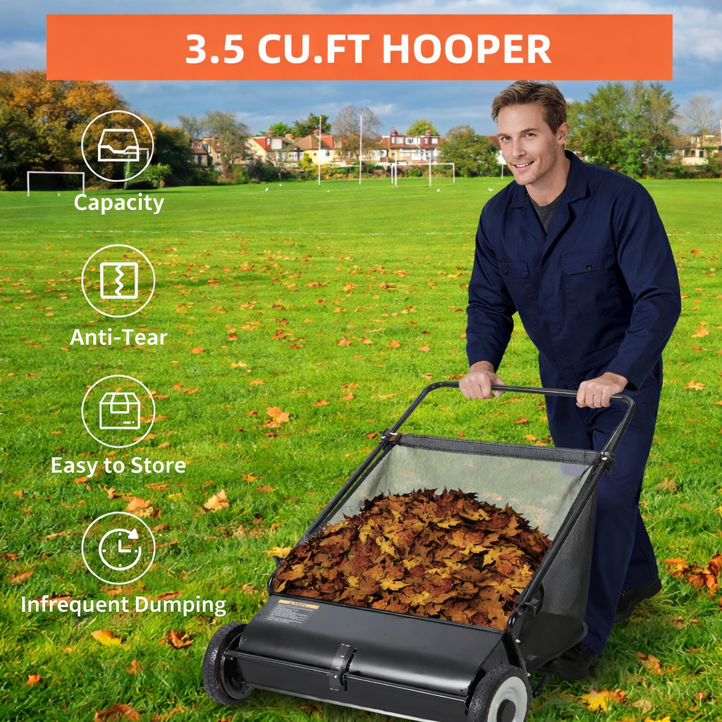 Garvee 21" Push Lawn Sweeper with 4-Brush System, Heavy Duty Steel Yard Leaf Collector, Adjustable Height, 3.5 Cu Ft Bag, Manual Grass & Lawn Cleaner Black