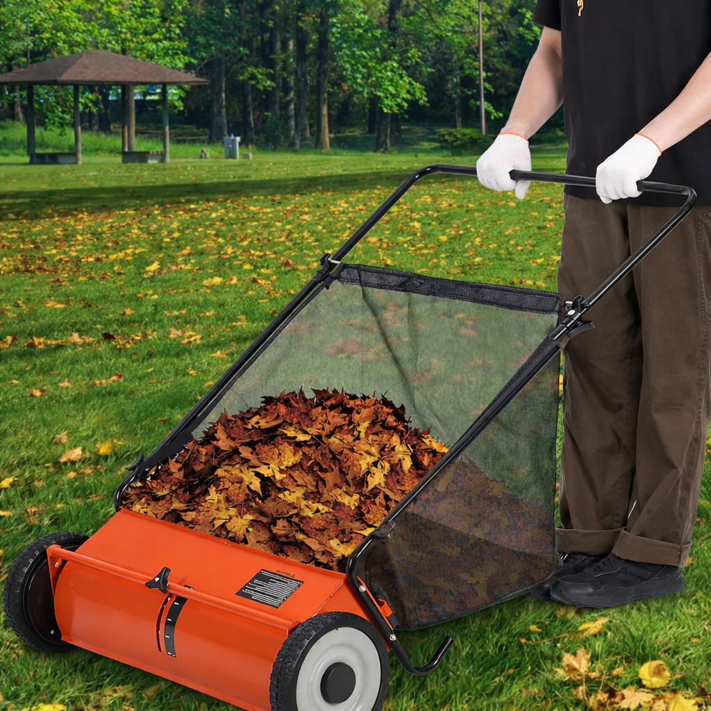 Garvee 21-Inch Heavy Duty Push Lawn Sweeper – 3.5 Cu. Ft. Pusher, 4 Spinning Brushes, Adjustable Height, Steel Frame, Efficient Leaf & Grass Collector for Yard, Garden, Patio – Orange+Black