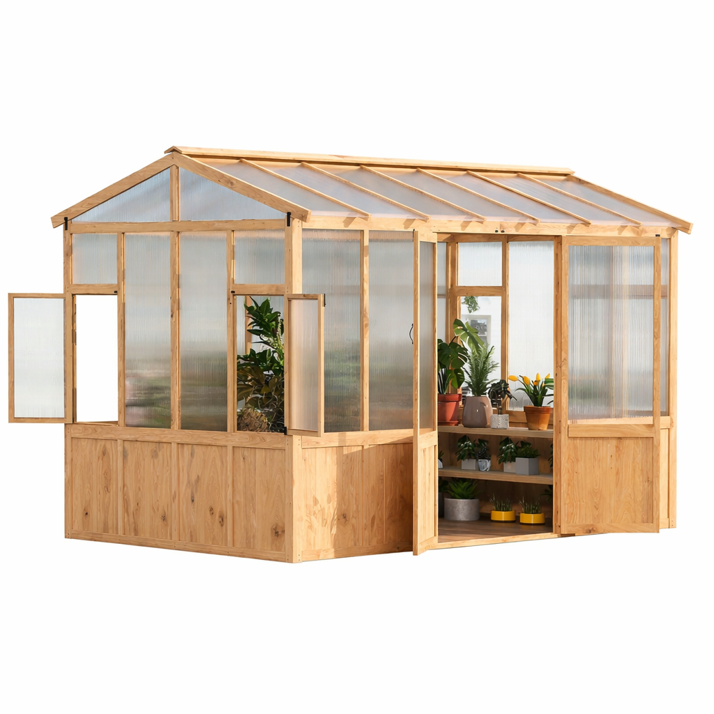 Garvee 8x12 ft Wooden Greenhouse for Outdoor - Heavy Duty Walk-in Green House Kit with 6 mm Polycarbonate,Ventilated Window & Lockable Door for Backyard,Patio,Lawn