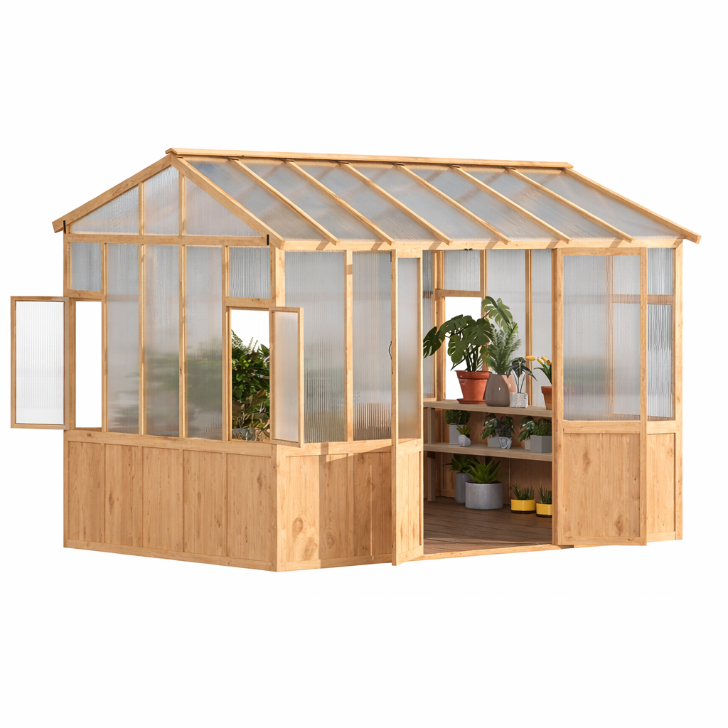 Garvee 10x12 ft Wooden Greenhouse for Outdoor - Heavy Duty Walk-in Green House Kit with 6 mm Polycarbonate,Ventilated Window & Lockable Door for Backyard,Patio,Lawn