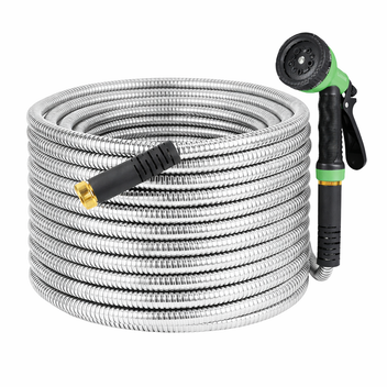 Garvee 50FT Heavy Duty Stainless Steel Garden Hose – Flexible, Kink-Free Metal Water Hose with 10-Function Nozzle, Leak-Proof, Rust-Proof, Lightweight, Sturdy Brass 3/4'' Connectors
