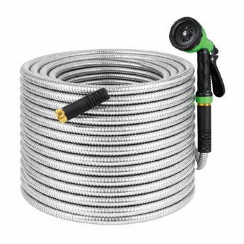 Garvee 75FT Heavy Duty Stainless Steel Garden Hose – Flexible, Kink-Free, Rust-Proof Metal Water Hose with 10-Function Spray Nozzle, Sturdy Brass 3/4'' Connectors