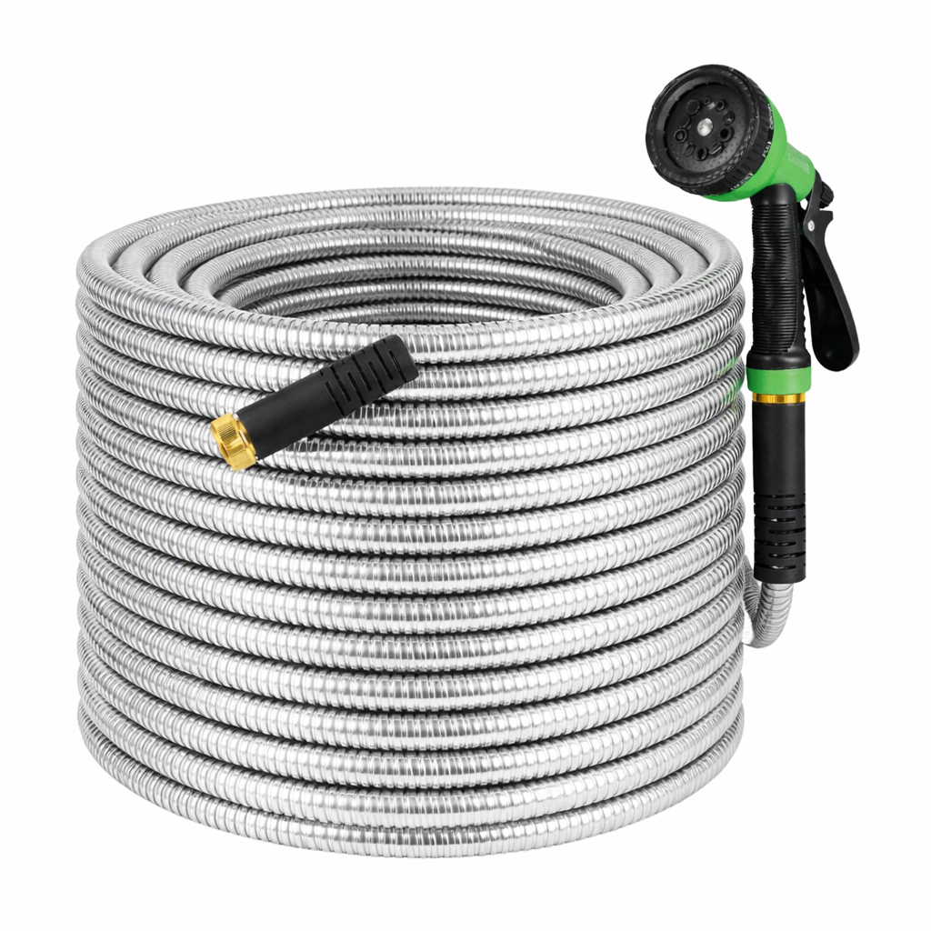 Garvee 75FT Heavy Duty Stainless Steel Garden Hose – Flexible, Kink-Free, Rust-Proof Metal Water Hose with 10-Function Spray Nozzle, Sturdy Brass 3/4'' Connectors