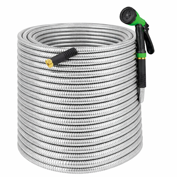 Garvee 150FT Heavy Duty Stainless Steel Garden Hose – Flexible, Kink-Free Metal Water Hose with 10-Function Leak-Proof Spray Nozzle, Sturdy Brass 3/4'' Connectors