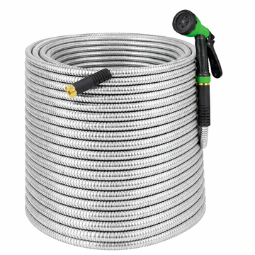 Garvee 150FT Heavy Duty Stainless Steel Garden Hose – Flexible, Kink-Free Metal Water Hose with 10-Function Leak-Proof Spray Nozzle, Sturdy Brass 3/4'' Connectors