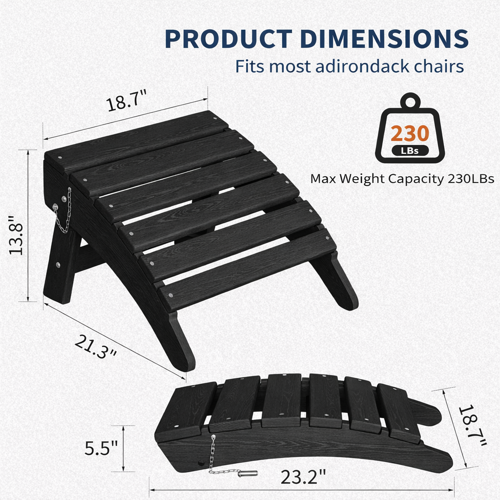 Garvee Folding Adirondack Ottoman Set of 2 - HDPE All-Weather Outdoor Footrests for Patio, Deck, Backyard, Poolside - Durable, Weather-Resistant - Compatible with Adirondack Chair - Black, 2-Pack