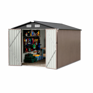 Garvee Spacious Metal Outdoor Storage Outdoor Storage – 8x12 FT Heavy Duty Garden Utility Outdoor Storage with Lockable Door, Air Vent, Windproof & Rainproof – Backyard, Patio, Lawn – Dark Colored Top + Brown Board