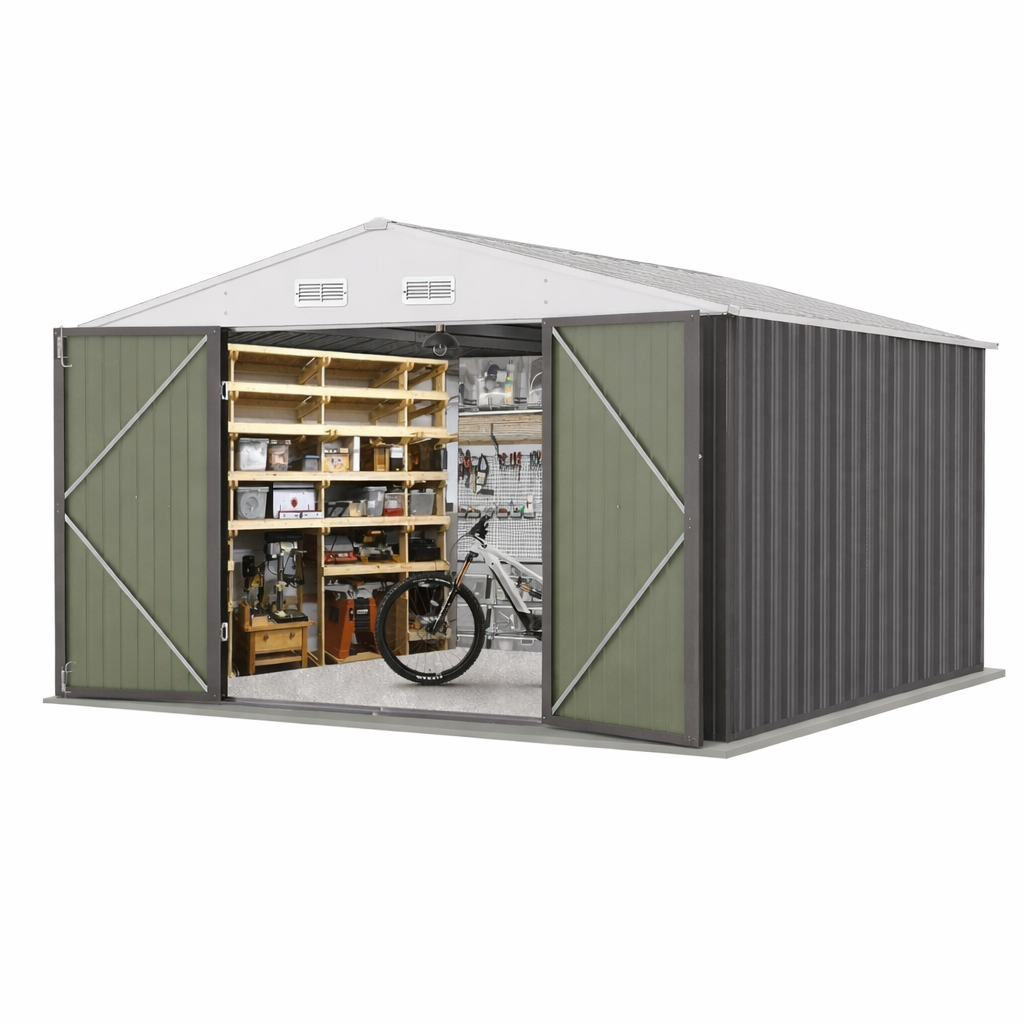 Garvee Large 12x10 FT Metal Outdoor Storage Outdoor Storage – Waterproof Steel Garden Outdoor Storage with Upgraded Frame – Double Lockable Doors, Weatherproof Storage for Patio, Backyard, Lawn & Tools – Color: System Default