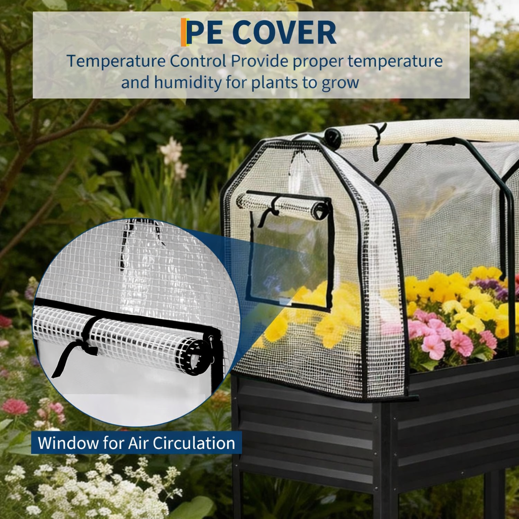 Garvee Galvanized Raised Garden Bed with Greenhouse Cover – Elevated Planter Box with Legs, Built-in Spray Tube, 400lb Capacity, Perfect for Patio, Backyard, or Balcony – Black, 48x24x55in