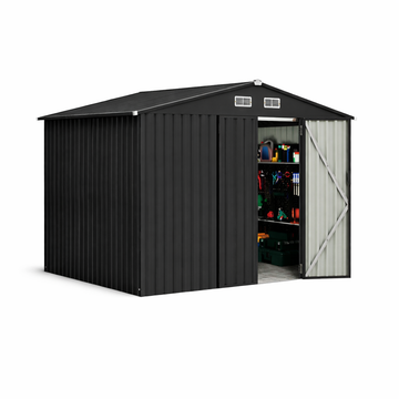 Garvee Heavy Duty 8x10 FT Metal Outdoor Storage Outdoor Storage - Lockable Doors, Air Vent & Solar Light - Spacious Tool Utility Outdoor Storage with Installation Gloves for Backyard, Garden, Patio, Lawn - Dark Gray + Solar Light