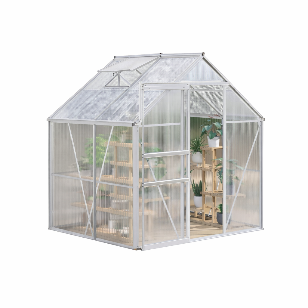 Garvee 6x6 FT Polycarbonate Greenhouse Kit for Outdoors – Durable Aluminum Frame, Sliding Lockable Door, Adjustable Roof Vent, Gutter System, Easy Assembly, Ideal for Garden, Patio, Backyard