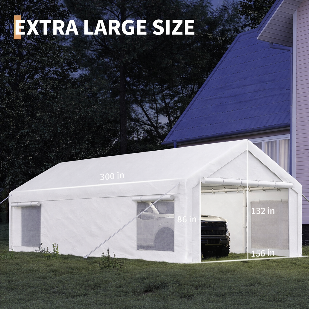 Garvee Heavy Duty 13x25 FT White Portable Carport Canopy Garage Tent - Waterproof UV-Resistant Shelter, 2 Roll-Up Doors, 4 Windows, 10 Sandbags, Removable Sidewalls, for Cars, Trucks, Boats, Motorcycles