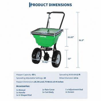 Garvee 80 lb Push Broadcast Spreader, Walk-Behind Lawn & Garden Spreader with 29 L Hopper, 0–12 ft Coverage, 13" All-Terrain Wheels & 20-Level Flow Control for Seed, Fertilizer, Salt & Ice Melt, Green/Black