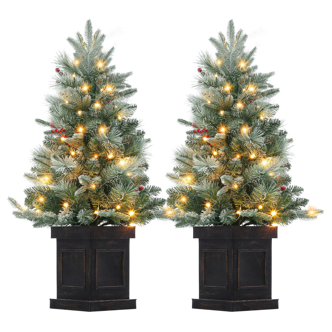 Garvee 3ft Christmas Tree 2 Set, Pre-Lit Artificial Christmas Tree with Vintage Potted Base, Flocked Snow 70 Warm White LED Lights Red Berries, Festival Decoration Xmas Holiday Decor for Home, Entrances, 2 PCS