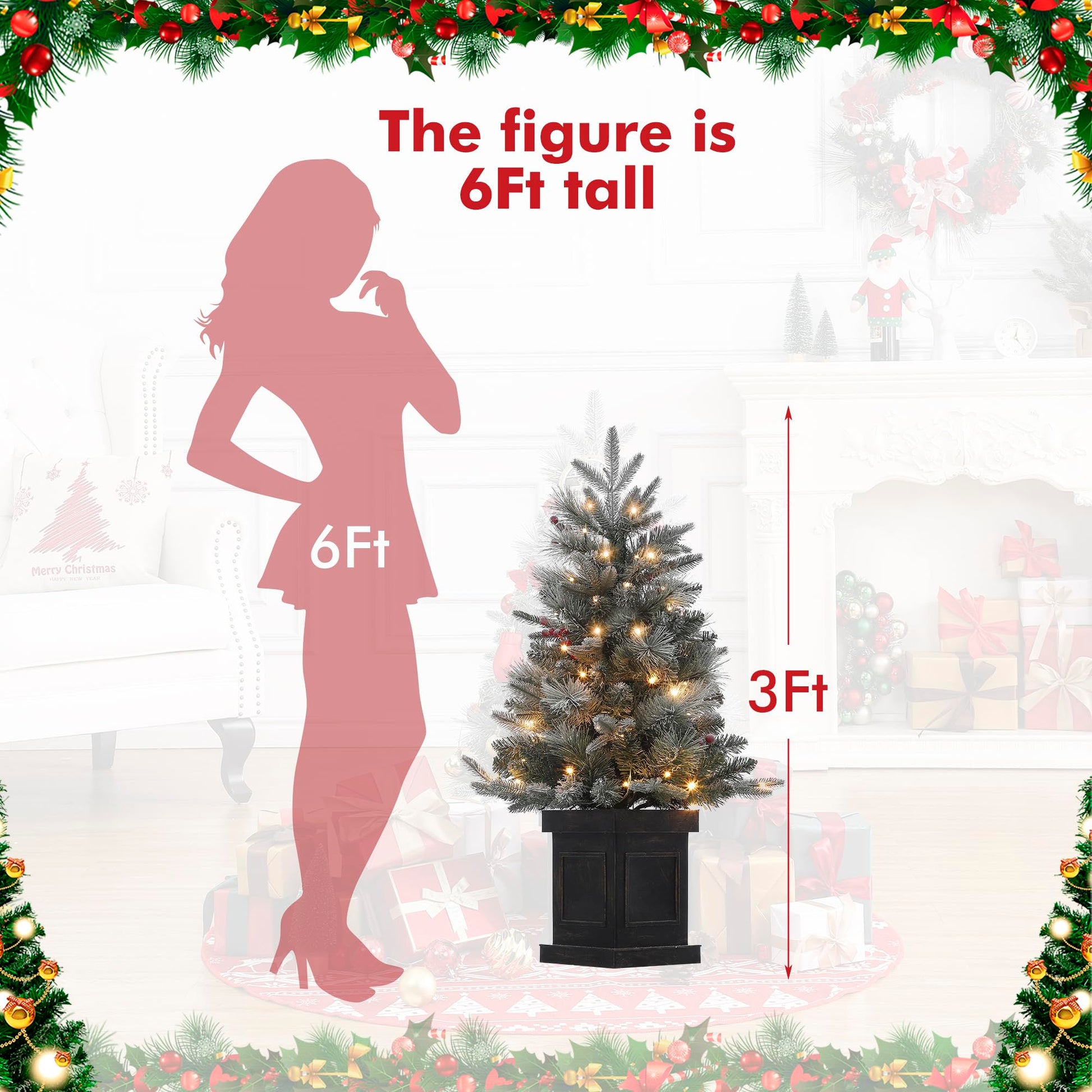 Garvee 3ft Christmas Tree 2 Set, Pre-Lit Artificial Christmas Tree with Vintage Potted Base, Flocked Snow 70 Warm White LED Lights Red Berries, Festival Decoration Xmas Holiday Decor for Home, Entrances, 2 PCS
