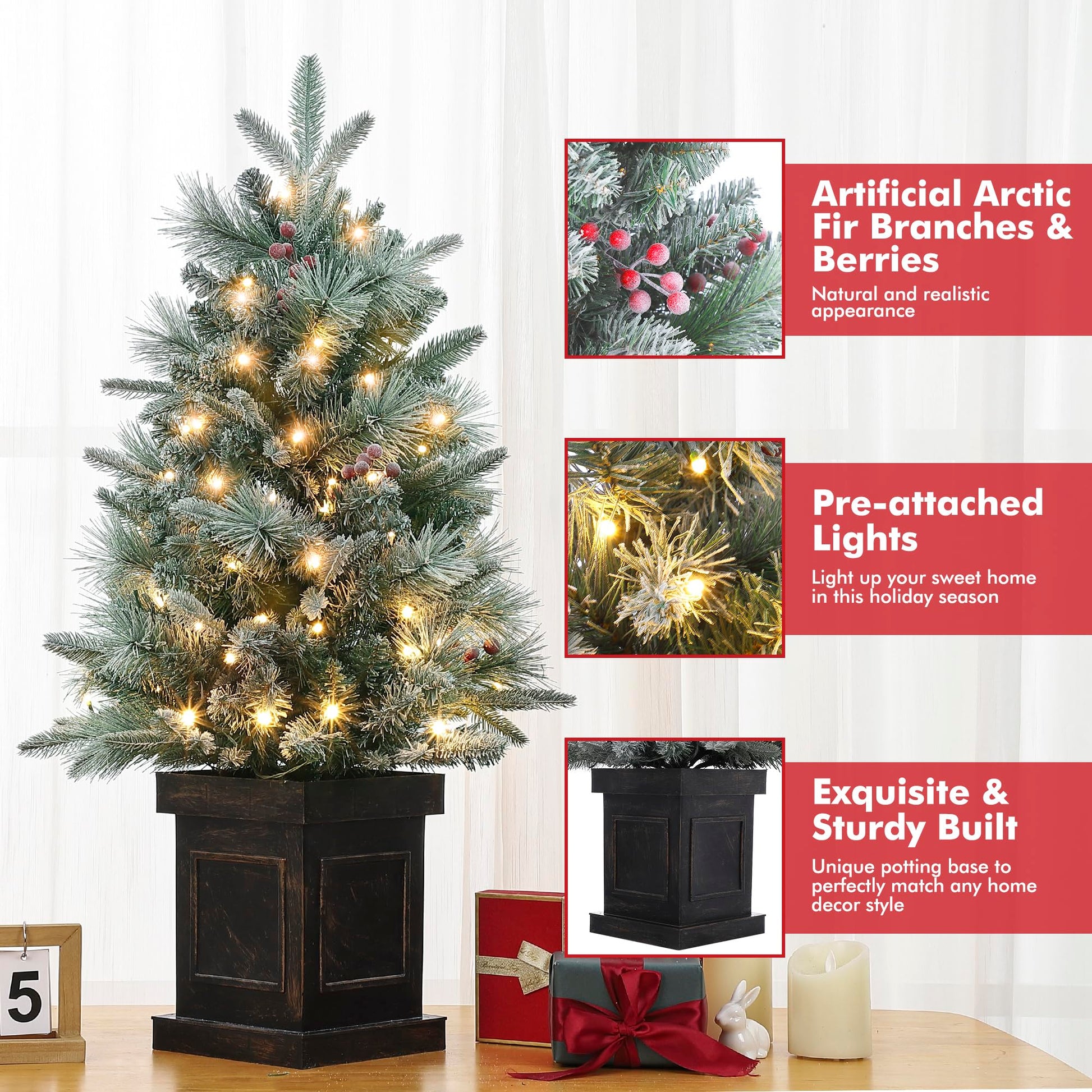 Garvee 3ft Christmas Tree 2 Set, Pre-Lit Artificial Christmas Tree with Vintage Potted Base, Flocked Snow 70 Warm White LED Lights Red Berries, Festival Decoration Xmas Holiday Decor for Home, Entrances, 2 PCS