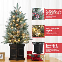 Garvee 3ft Christmas Tree 2 Set, Pre-Lit Artificial Christmas Tree with Vintage Potted Base, Flocked Snow 70 Warm White LED Lights Red Berries, Festival Decoration Xmas Holiday Decor for Home, Entrances, 2 PCS