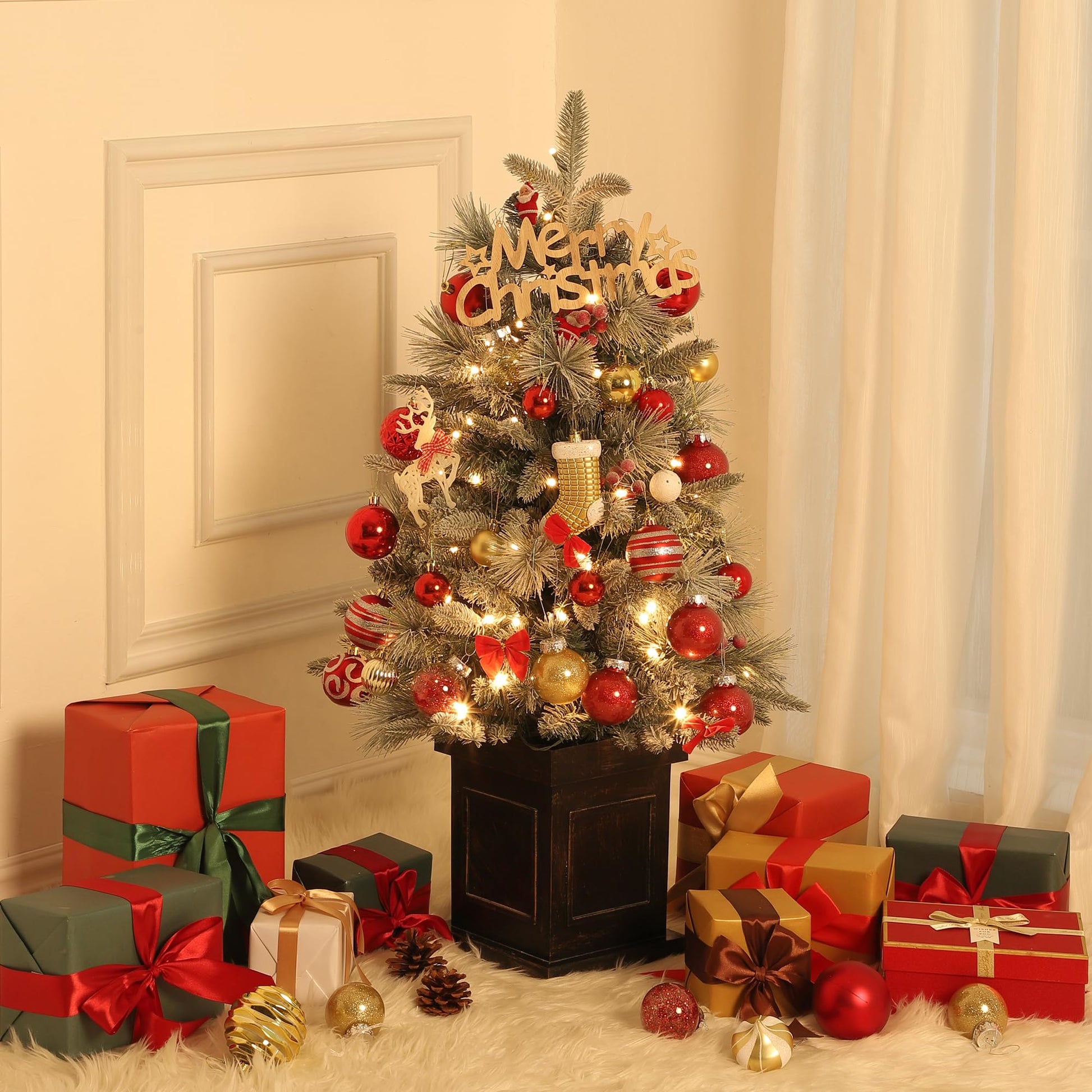 Garvee 3ft Christmas Tree 2 Set, Pre-Lit Artificial Christmas Tree with Vintage Potted Base, Flocked Snow 70 Warm White LED Lights Red Berries, Festival Decoration Xmas Holiday Decor for Home, Entrances, 2 PCS