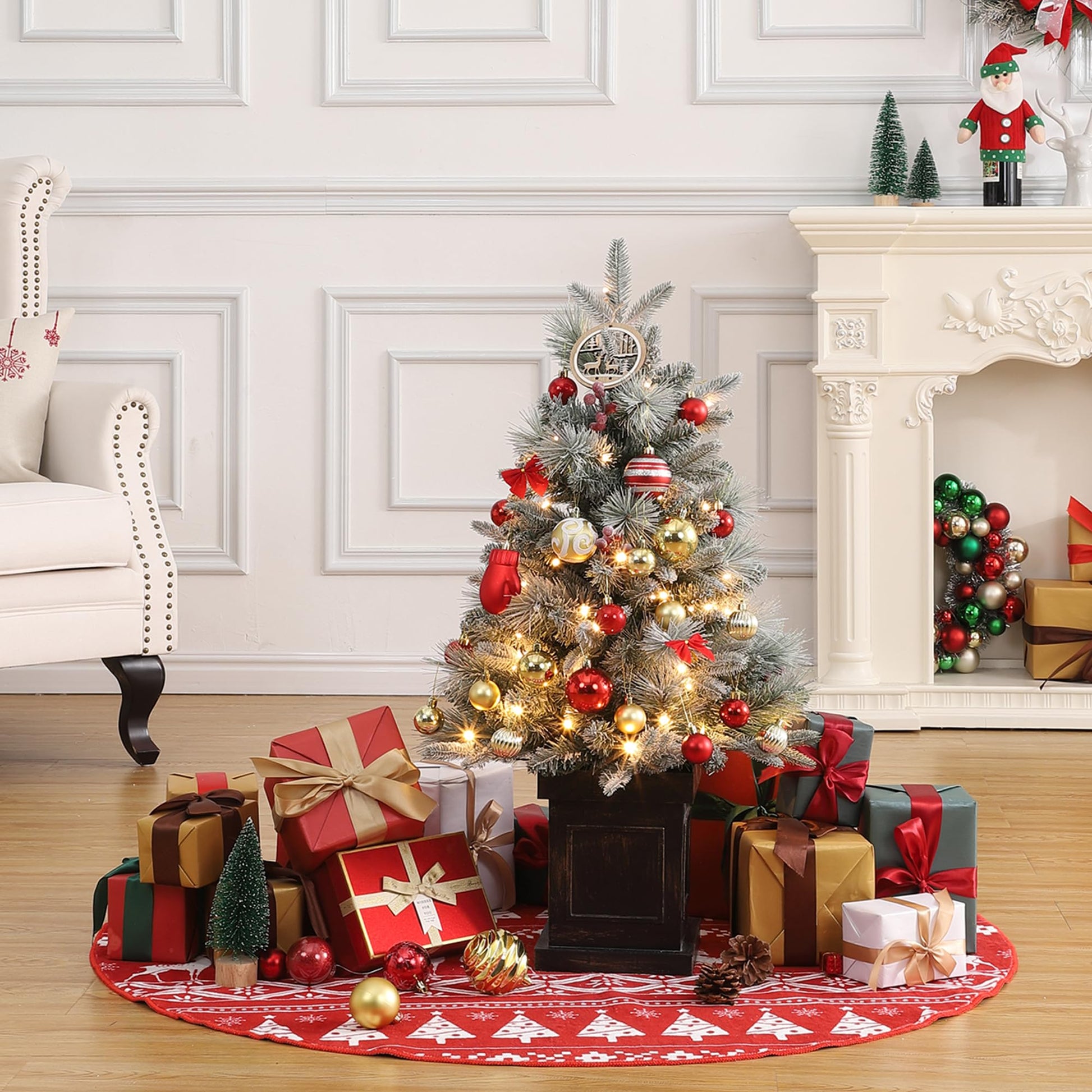Garvee 3ft Christmas Tree 2 Set, Pre-Lit Artificial Christmas Tree with Vintage Potted Base, Flocked Snow 70 Warm White LED Lights Red Berries, Festival Decoration Xmas Holiday Decor for Home, Entrances, 2 PCS