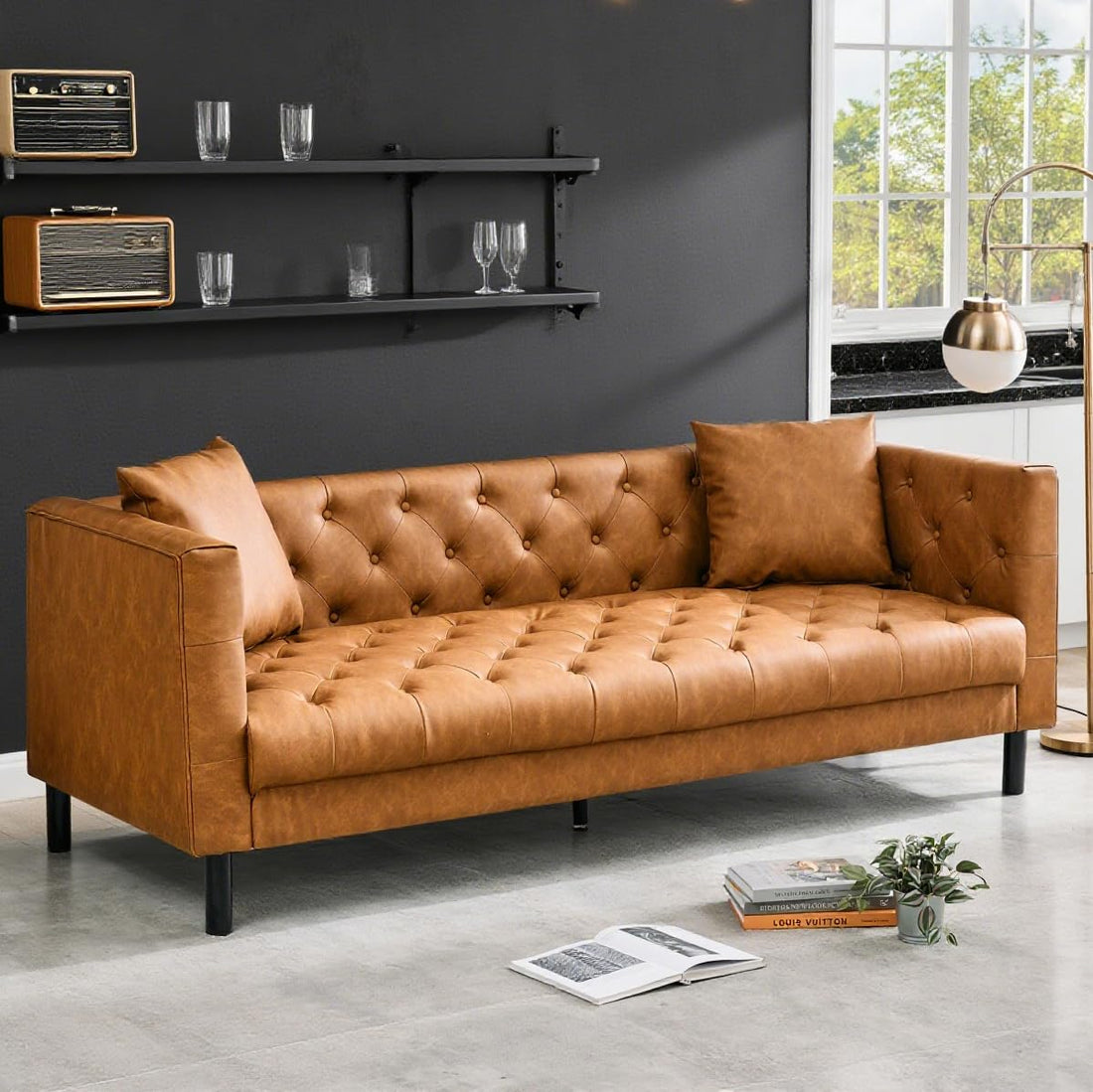 Garvee Modern PU Leather Couch for Living Room, 81" Chesterfield Sofa with Deep Seats and 2 Pillows, 3 Seater Sofa with Button Tufted, Sleeper Sofa for Apartment, Office, Brown