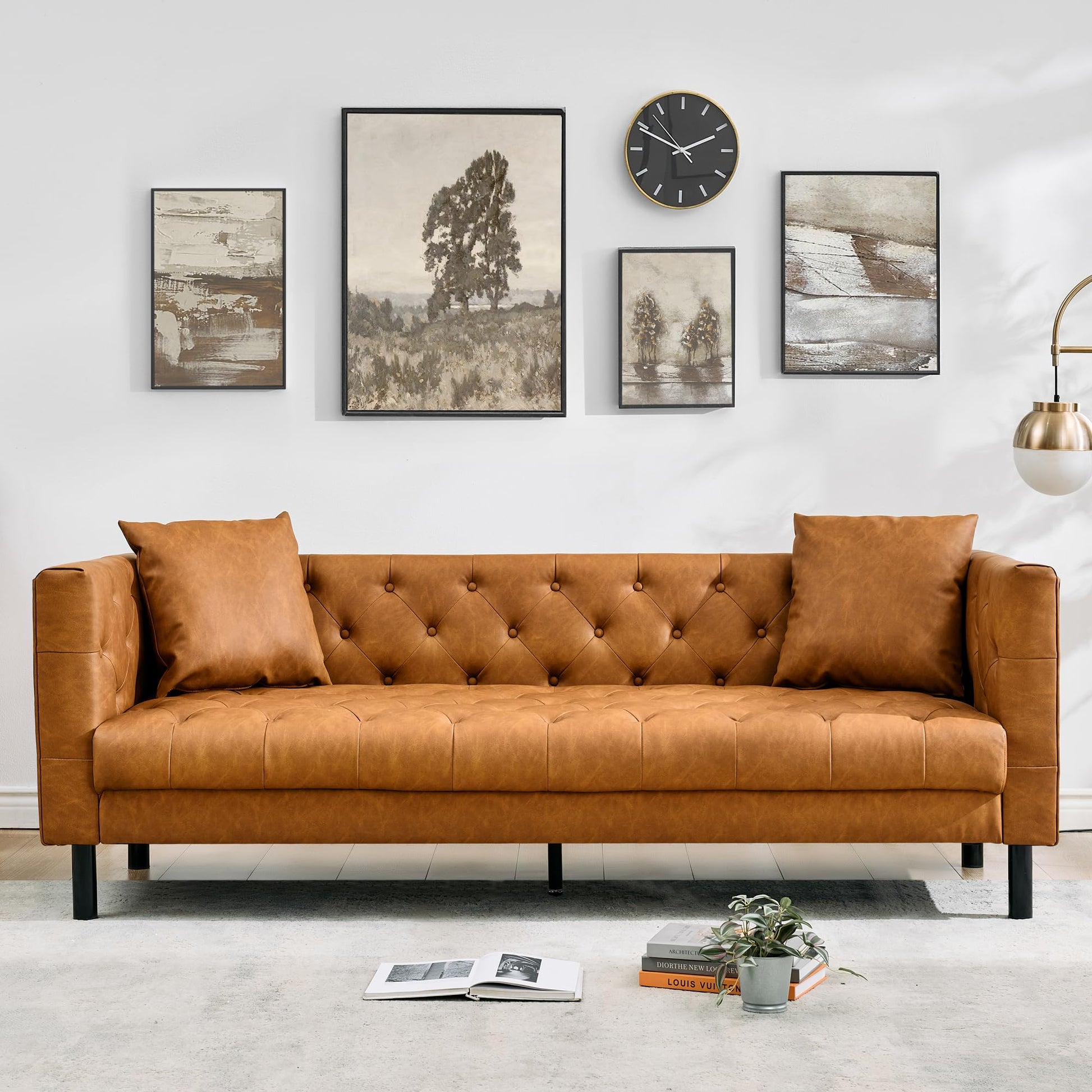 Garvee Modern Leather Couch for Living Room, 81" Chesterfield Sofa with Deep Seats and 2 Pillows, 3 Seater Sofa with Button Tufted, Sleeper Sofa for Apartment, Office, Brown
