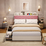 Garvee Modern Upholstered Velvet Bed Frame Queen with Storage Drawers, Noise-Free Metal Slats, MDF Wood, Easy Assembly, Cream Pink, Bedroom - Cream White & Pink ( Headboard Cubbies & 2 Drawers)