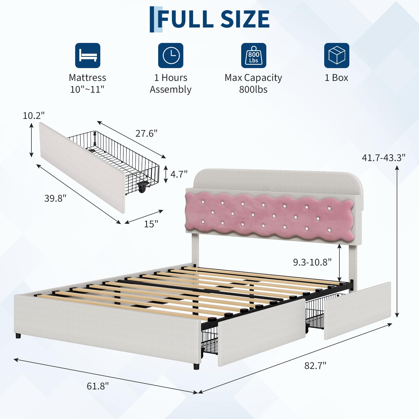 Garvee Modern Upholstered Velvet Bed Frame Queen with Storage Drawers, Noise-Free Metal Slats, MDF Wood, Easy Assembly, Cream Pink, Bedroom