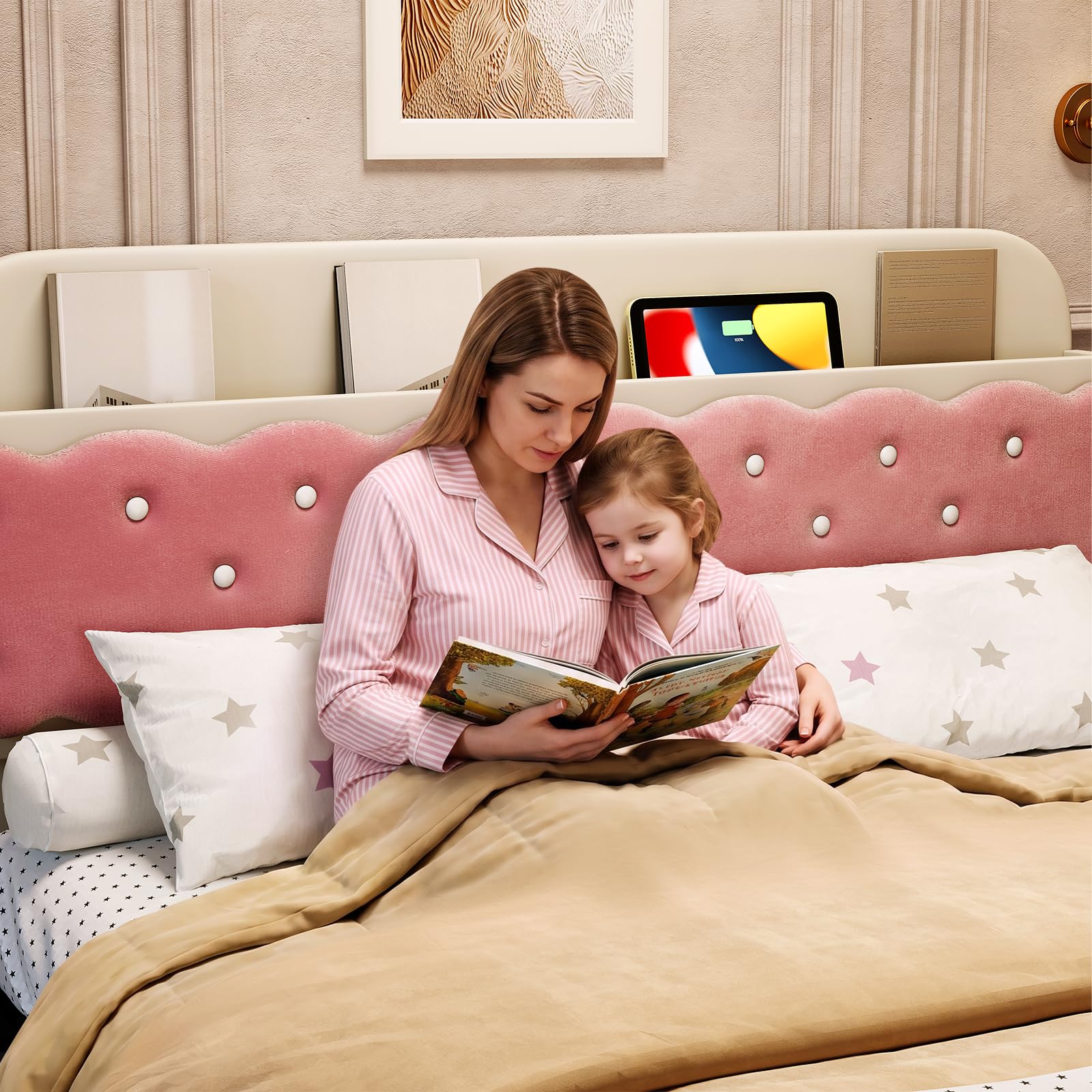 Garvee Modern Upholstered Velvet Bed Frame Queen with Storage Drawers, Noise-Free Metal Slats, MDF Wood, Easy Assembly, Cream Pink, Bedroom