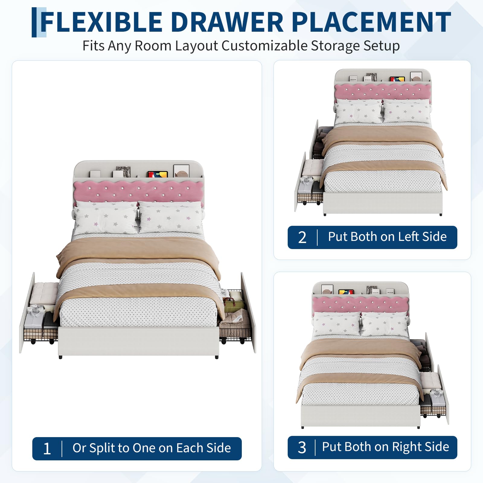 Garvee Modern Upholstered Velvet Bed Frame Queen with Storage Drawers, Noise-Free Metal Slats, MDF Wood, Easy Assembly, Cream Pink, Bedroom
