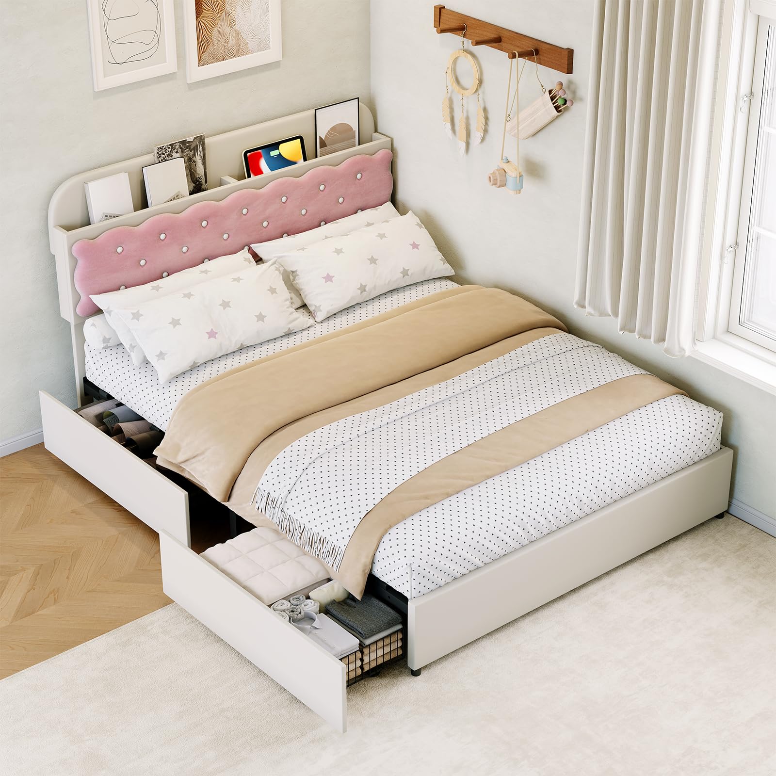 Garvee Modern Upholstered Velvet Bed Frame Queen with Storage Drawers, Noise-Free Metal Slats, MDF Wood, Easy Assembly, Cream Pink, Bedroom