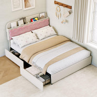 Garvee Modern Upholstered Velvet Bed Frame Queen with Storage Drawers, Noise-Free Metal Slats, MDF Wood, Easy Assembly, Cream Pink, Bedroom