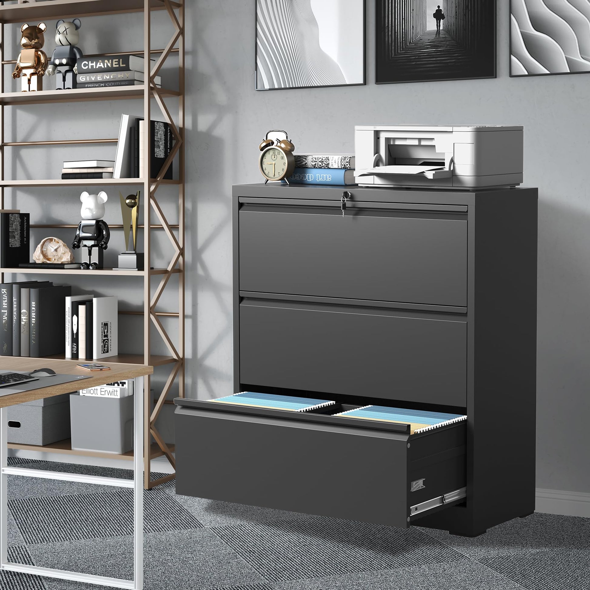 Garvee 3 Drawer Lateral File Cabinet, Metal Filing Cabinet with Lock for Home Office, Wide Steel Storage Cabinet Commercial Drawer Cabinets for Legal/Letter/A4 Size Files Assembly Required