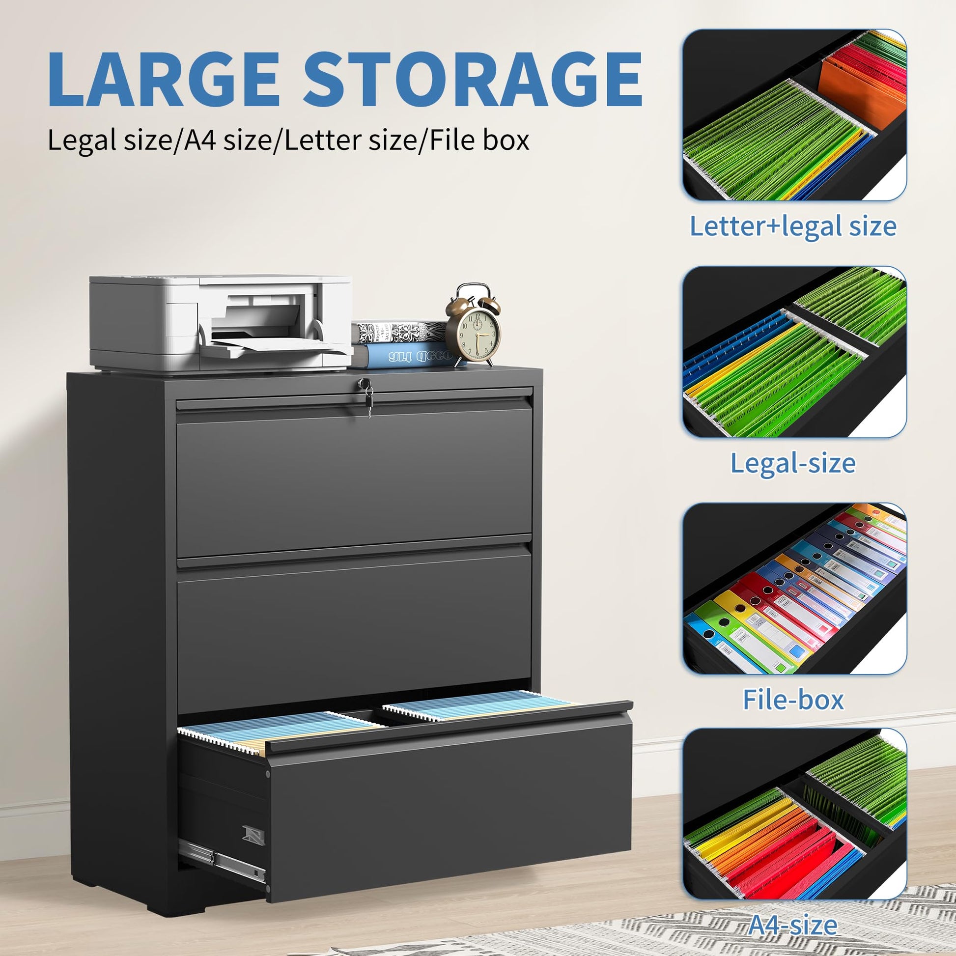 Garvee 3 Drawer Lateral File Cabinet, Metal Filing Cabinet with Lock for Home Office, Wide Steel Storage Cabinet Commercial Drawer Cabinets for Legal/Letter/A4 Size Files Assembly Required