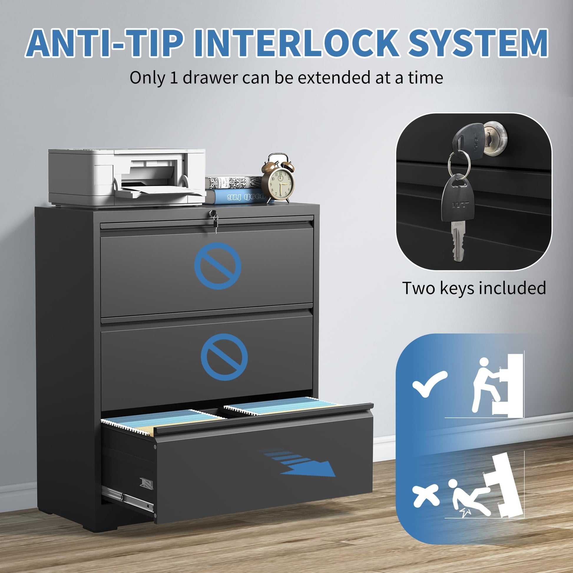 Garvee 3 Drawer Lateral File Cabinet, Metal Filing Cabinet with Lock for Home Office, Wide Steel Storage Cabinet Commercial Drawer Cabinets for Legal/Letter/A4 Size Files Assembly Required