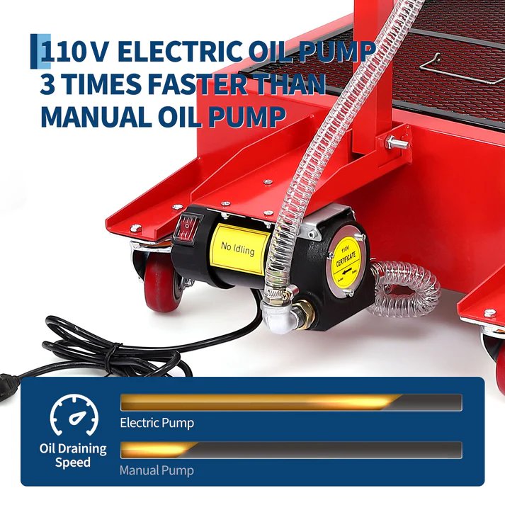 110V electric oil pump and hose mounted on a red oil drain pan