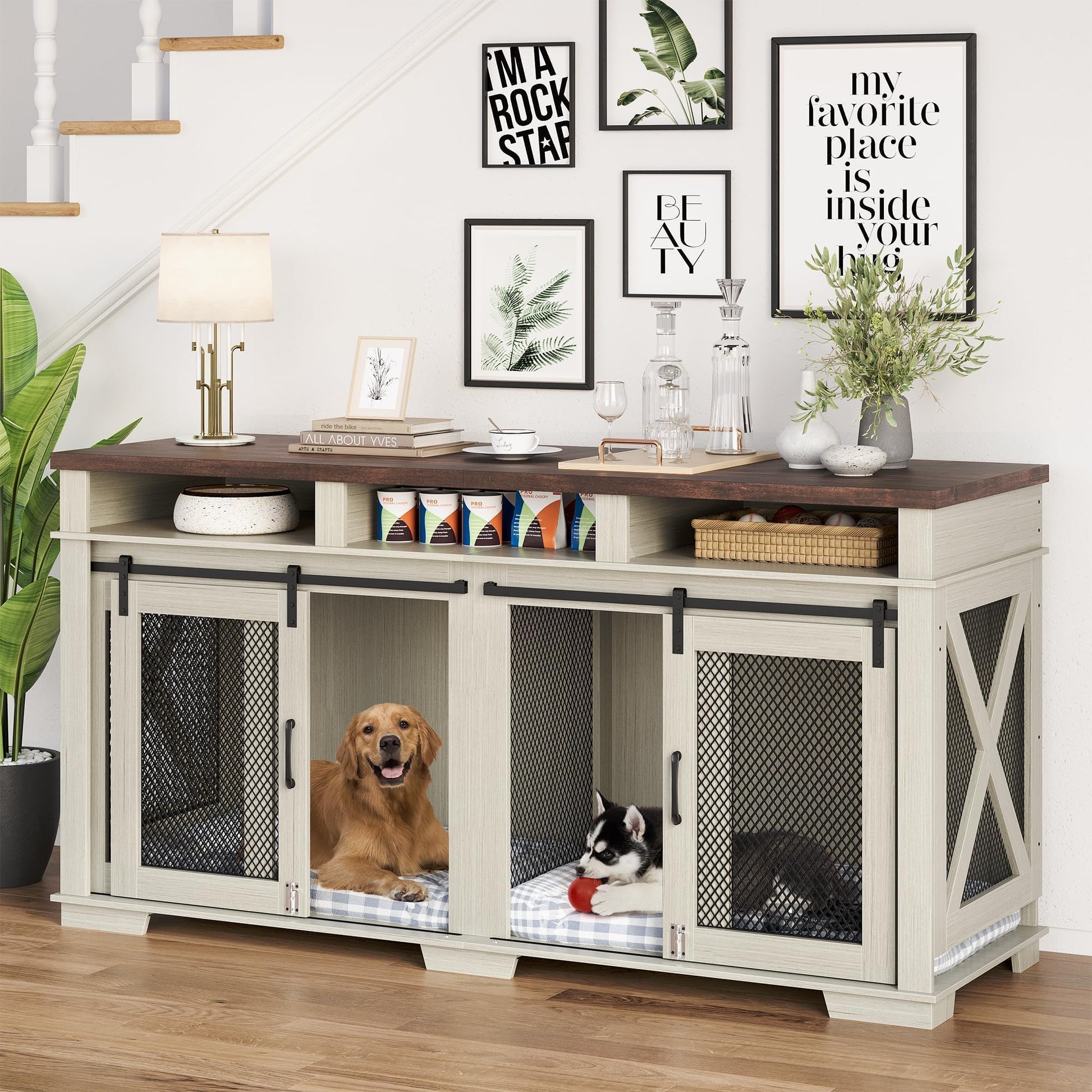 Garvee Dog Crate Furniture for 2 Dogs, 71" Heavy Duty Dog Kennel with 3 Storages and Removable Divider, Furniture Style Indoor Dog Crate Table TV Stand for Large Medium Dogs, White
