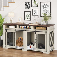 Garvee Dog Crate Furniture for 2 Dogs, 71" Heavy Duty Dog Kennel with 3 Storages and Removable Divider, Furniture Style Indoor Dog Crate Table TV Stand for Large Medium Dogs, White