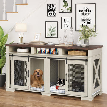 Garvee Dog Crate Furniture for 2 Dogs, 71" Heavy Duty Dog Kennel with 3 Storages and Removable Divider, Furniture Style Indoor Dog Crate Table TV Stand for Large Medium Dogs, White
