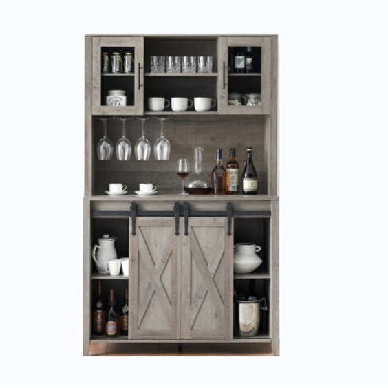 Farmhouse Wine Cabinet with Sliding Barn Door, 69-Inch Country Wine Cabinet with Wine Rack and Wine Glass Rack, Buffet, Storage Rack, Kitchen Sideboard, Dining Room