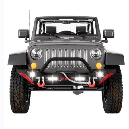 Front Bumper Compatible with 2007-2018 Jeep Wrangler JK/JKU Rock Crawler Off Road Bumper w/Winch Plate & 4 LED Lights & D-rings Paintable Armor