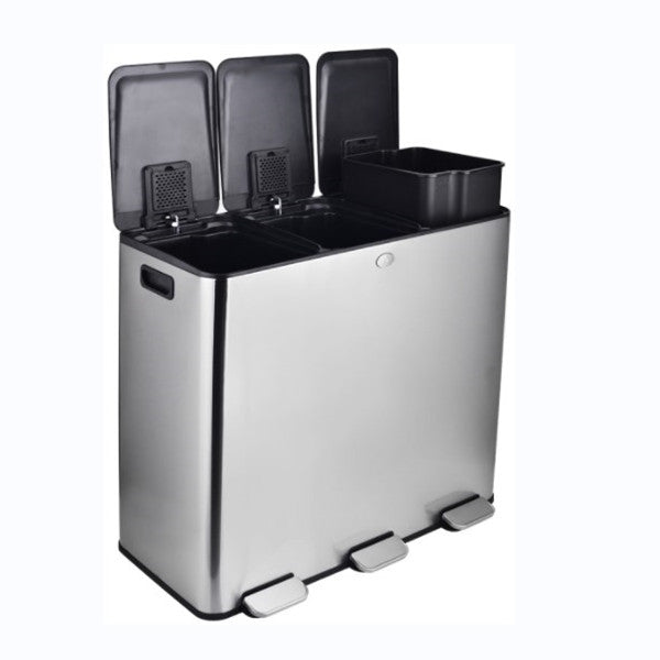 Triple Trash Can Kitchen 60 Liters - 3 * 5.3 Gallons Stainless Steel Trash and Recycle Bin Combo Garbage Bin with Separated Lid and Foot Pedal
