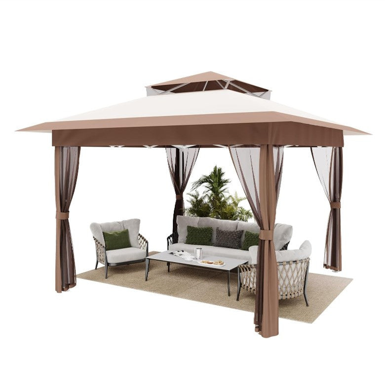 Garvee Pop Up Gazebo Patio Gazebo 11x11 Outdoor Gazebo with Mosquito Netting Outdoor Canopy Shelter with Double Roof Ventiation 121 Square Feet of Shade for Lawn, Garden, Backyard and Deck, Brown