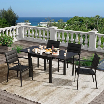 Outdoor dark gray aluminum extendable patio table with 4 matching chairs