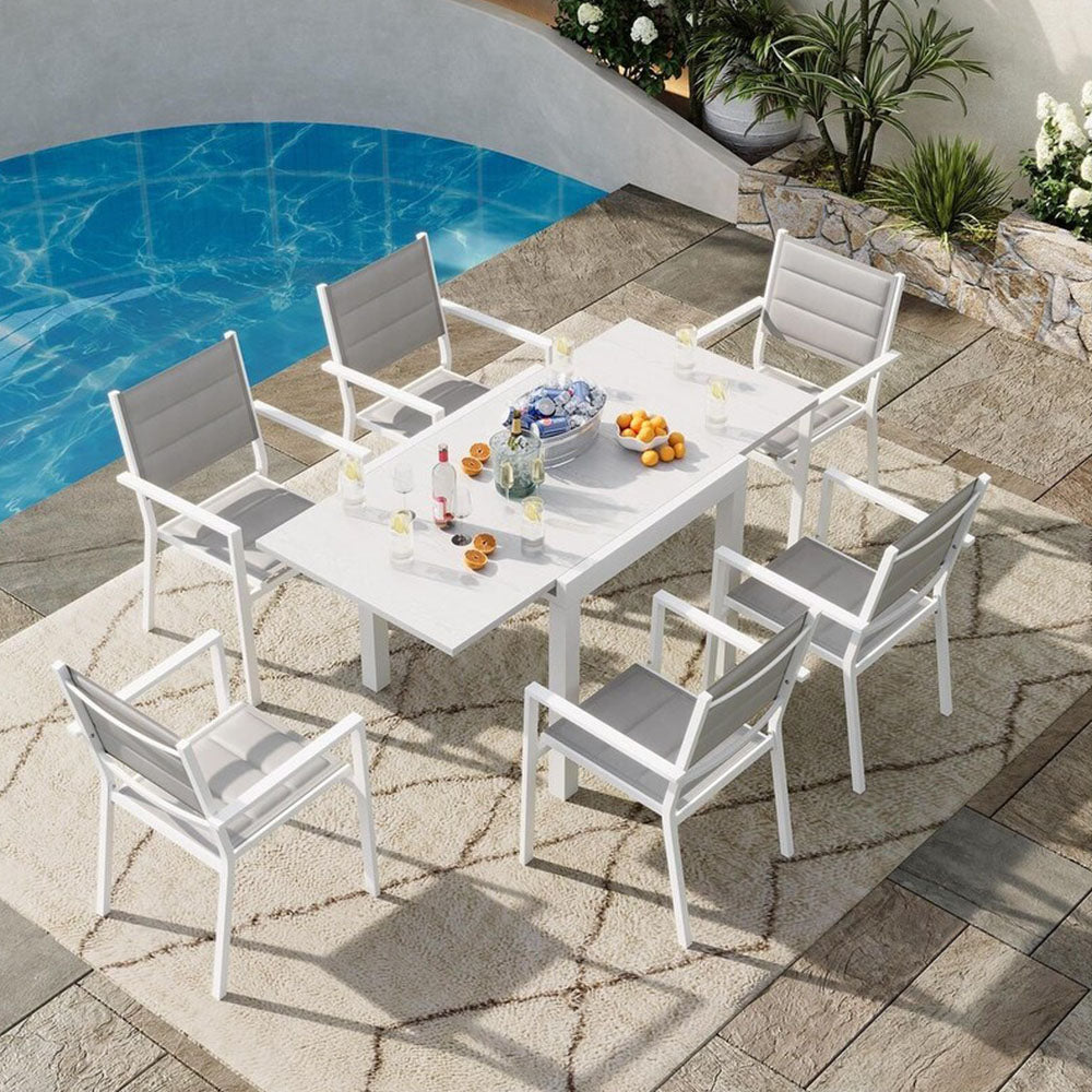 Garvee Expandable Patio Table, Extendable Outdoor Dining Table Set for 4-6 Persons, Aluminum Slat Frame Perfect for Backyard, Deck, Porch, White