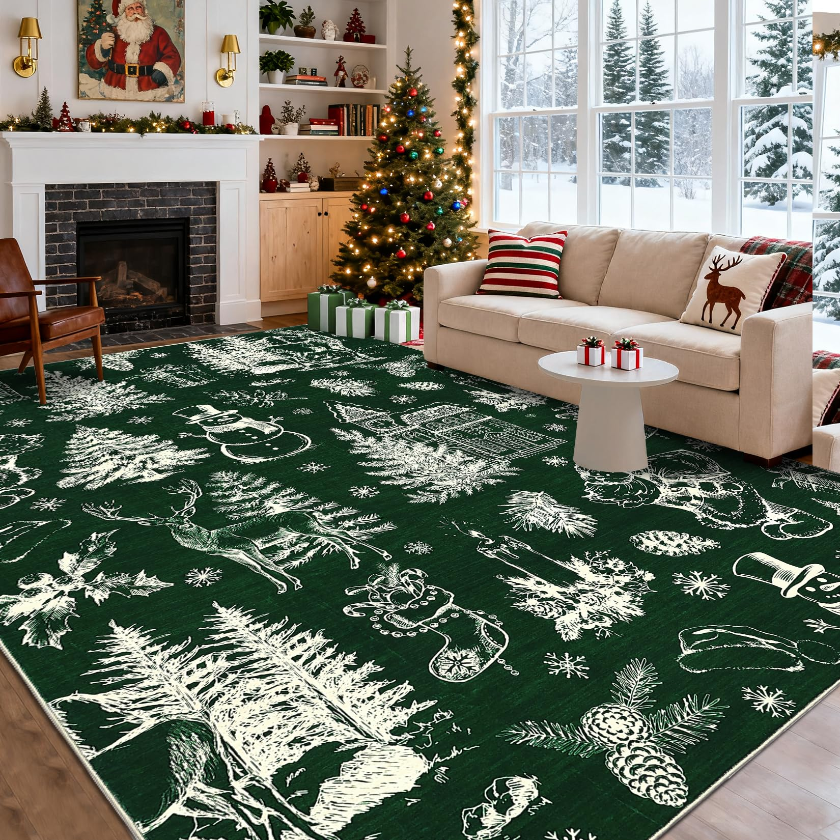 Garvee Christmas Rug Thin Washable Rug with Non Slip Rubber Backing, Low Pile Soft Indoor Carpet, Non Shedding Foldable Printed Floor Mats for Living Room Nursery Bedroom