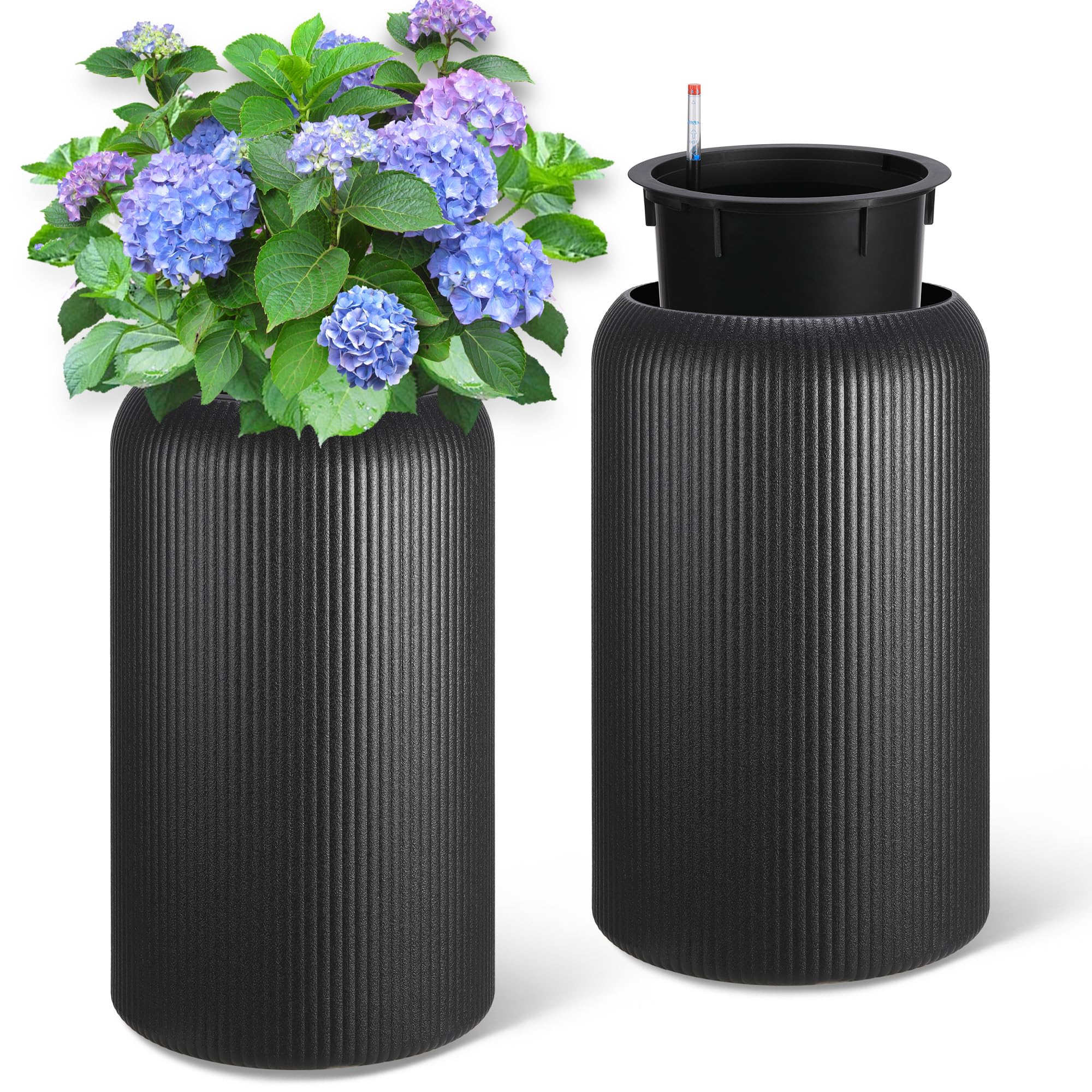 Stylish plastic planters with trays, perfect for gardens, patios, and living rooms.