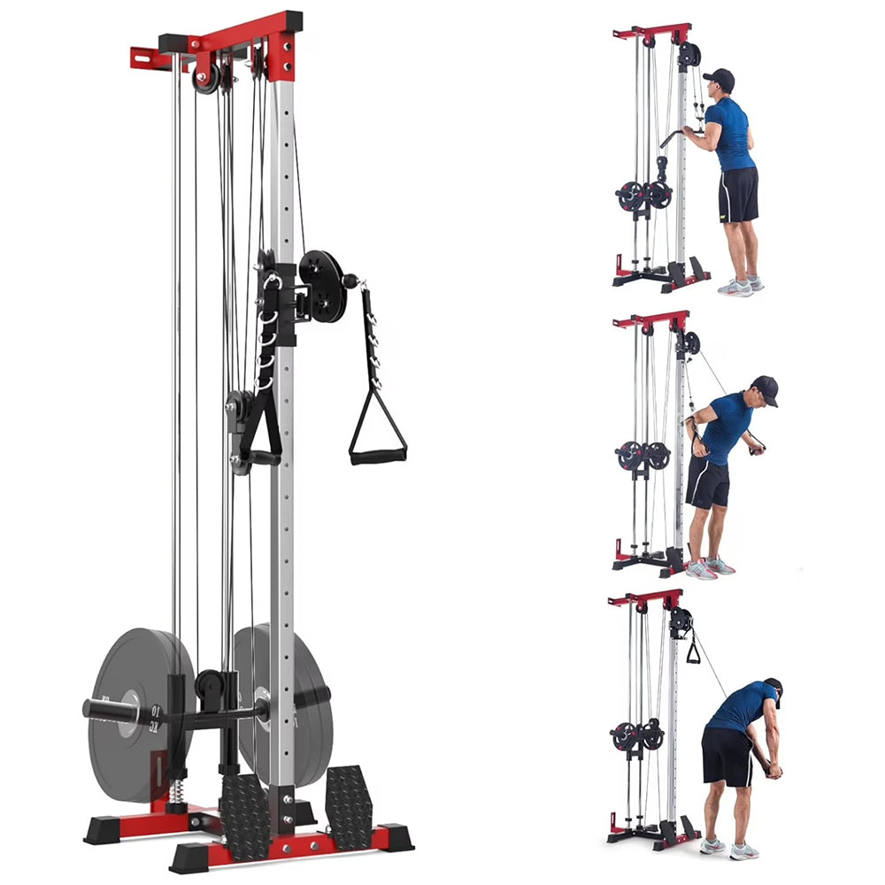 Garvee Wall Mount Cable Machine, LAT Pulldown Machine with Adjustable Pulley System for Home Gym, Cable Crossover Machine with 20 Positions, Weight Pulley System, Cable Towel, Red