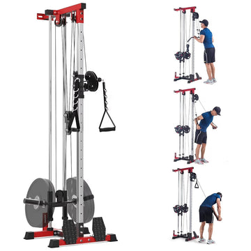 Garvee Wall Mount Cable Machine, LAT Pulldown Machine with Adjustable Pulley System for Home Gym, Cable Crossover Machine with 20 Positions, Weight Pulley System, Cable Towel, Red